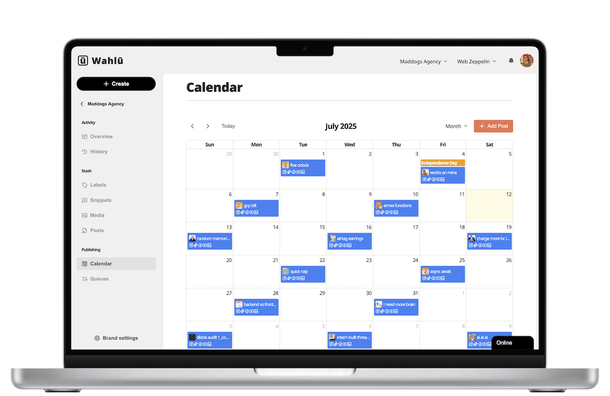 Screenshot of Wahlu visual calendar with colour-coded scheduled posts across May 2025