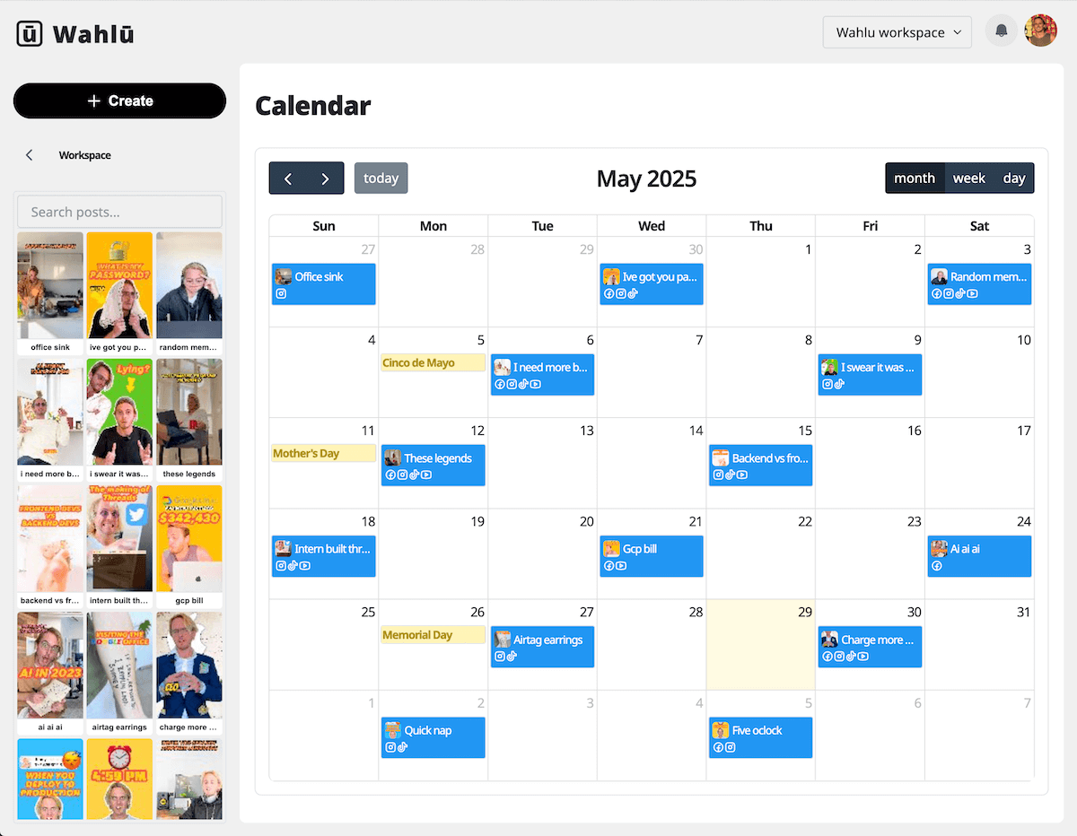 Screenshot of Wahlu visual calendar with colour-coded scheduled posts across May 2025