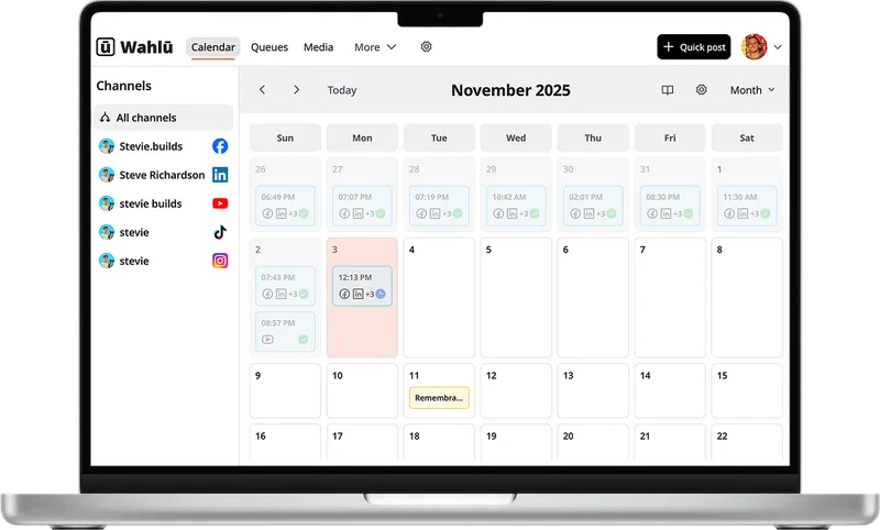Screenshot of Wahlu visual calendar with colour-coded scheduled posts across May 2025