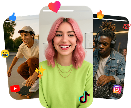 Collage of diverse creators with social-media icons showing automated cross-posting to TikTok, Instagram and YouTube