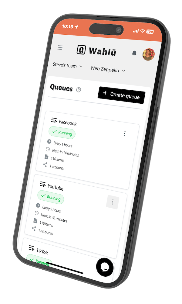 Screenshot of the Wahlu mobile app interface showing the content scheduling queue on a smartphone.