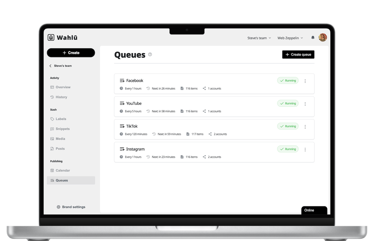 Screenshot of Wahlu queue dashboard listing automated posting queues for YouTube, Instagram, TikTok, Facebook and All platforms