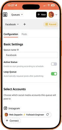 Screenshot of Wahlu queue dashboard listing automated posting queues for YouTube, Instagram, TikTok, Facebook and All platforms