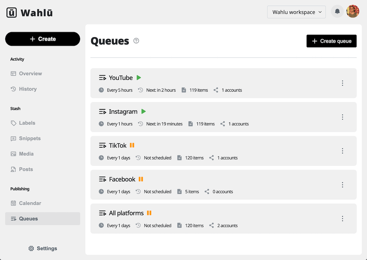 Screenshot of Wahlu queue dashboard listing automated posting queues for YouTube, Instagram, TikTok, Facebook and All platforms