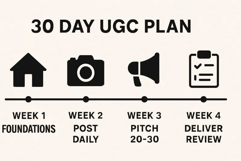 Infographic timeline showing a simple 4 week plan to start UGC: foundations, post daily, pitch 20–30, deliver and review