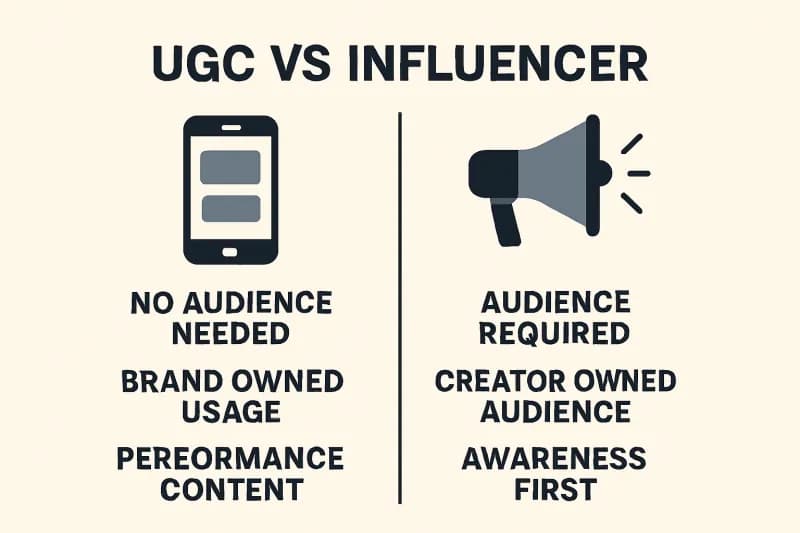 Simple infographic comparing UGC creators and influencers across audience needs, usage rights, and performance focus