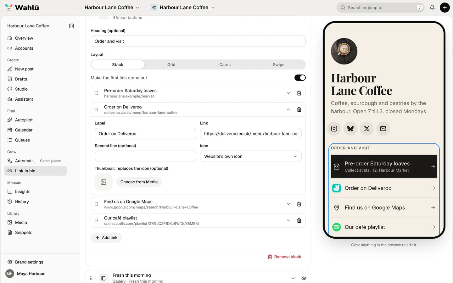 Editing a link in Wahlu's Link in bio, with the Icon set to Website's own icon and the Make the first link stand out option