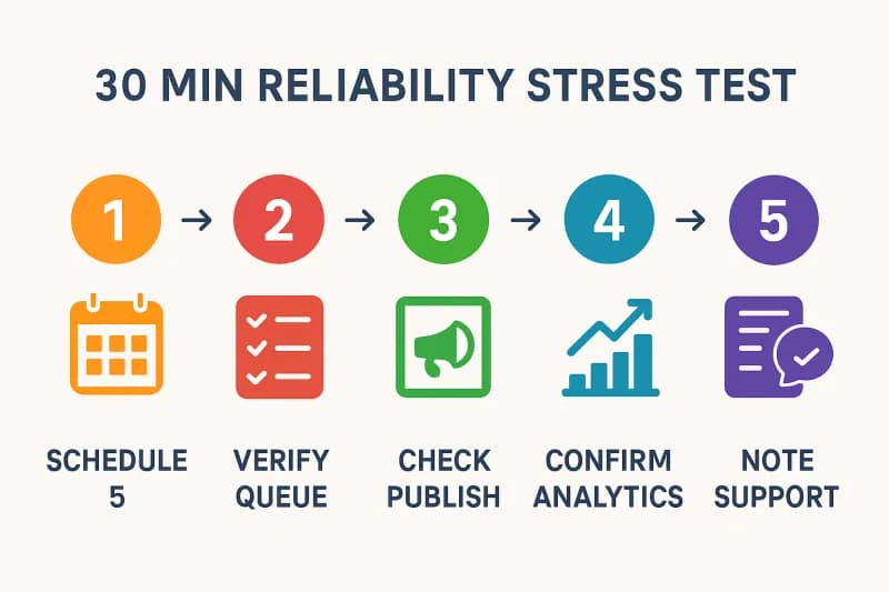 Step-by-step infographic of a 30-minute reliability stress test for LinkedIn schedulers