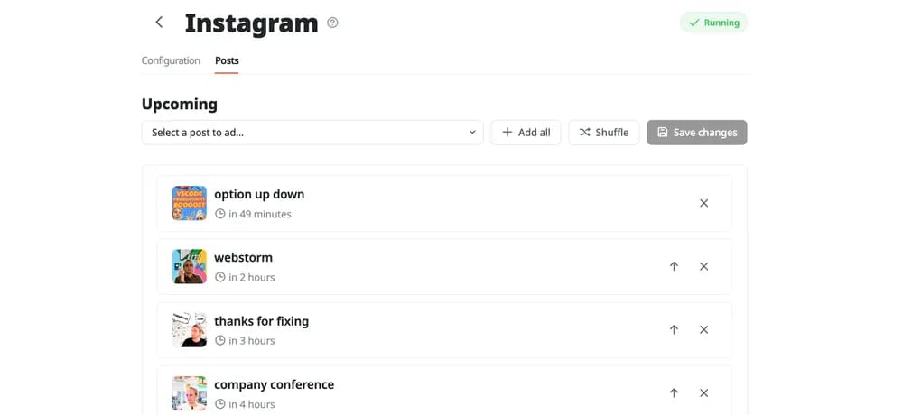 Wahlu Queue posts tab showing upcoming scheduled posts with drag-and-drop reordering