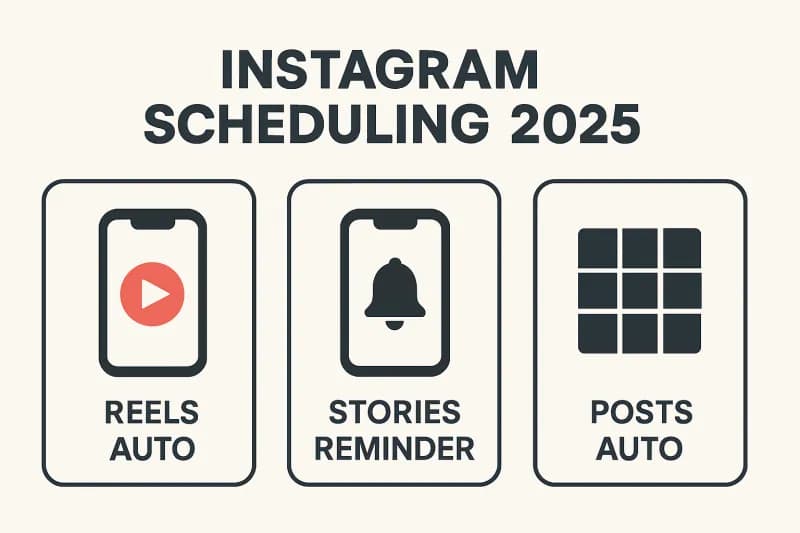 Infographic summarizing what can be scheduled on Instagram in 2026: Reels auto publish, Stories via reminders, Posts auto publish