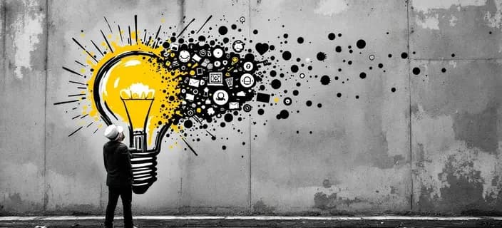 Banksy-style street art of a person staring at a blank canvas surrounded by floating lightbulbs