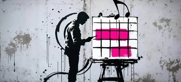 Banksy-style street art of a phone screen showing a clock and play button, stencilled on a concrete wall