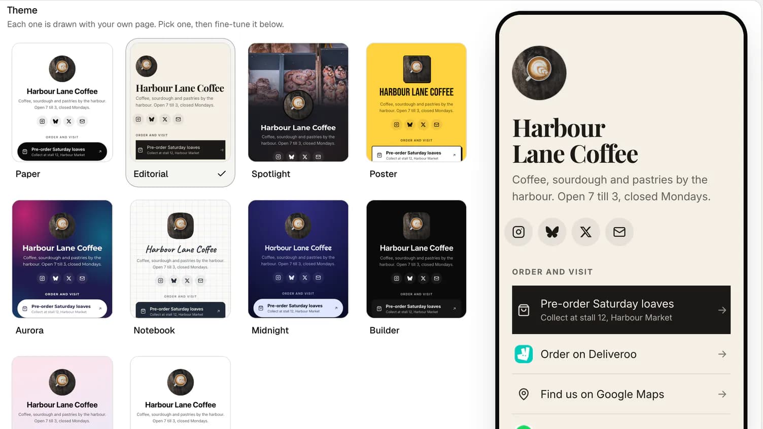 Wahlu's Link in bio Design tab with ten themes and a preview of an example café's page on a phone