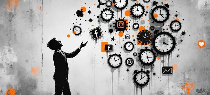 Banksy-style street art showing person juggling clocks and social media icons