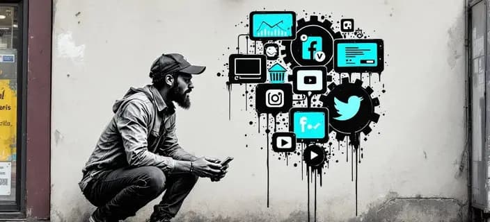 Banksy-style street art of a small business owner juggling social media icons