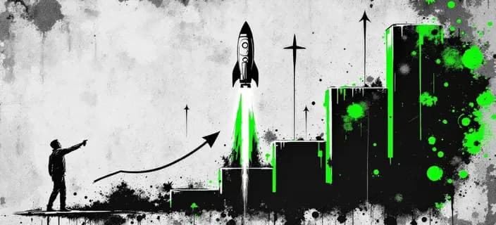 Banksy-style street art showing rocket launching upward with growth chart trajectory