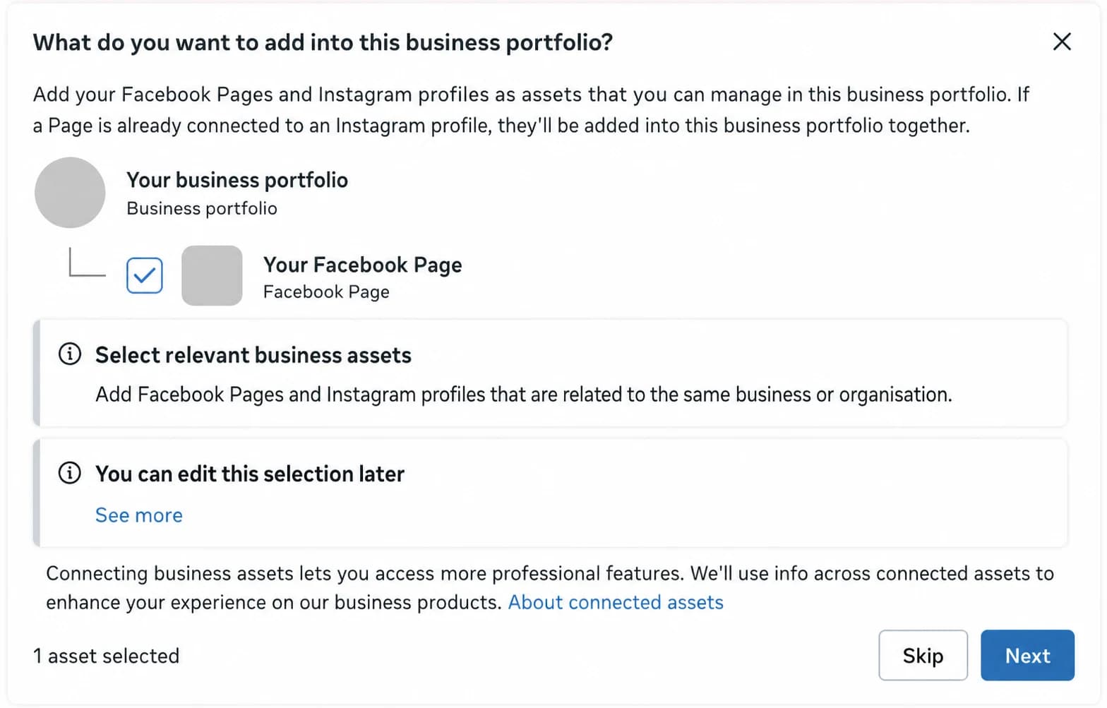 Meta Business Suite dialog with an existing Facebook Page selected for a business portfolio