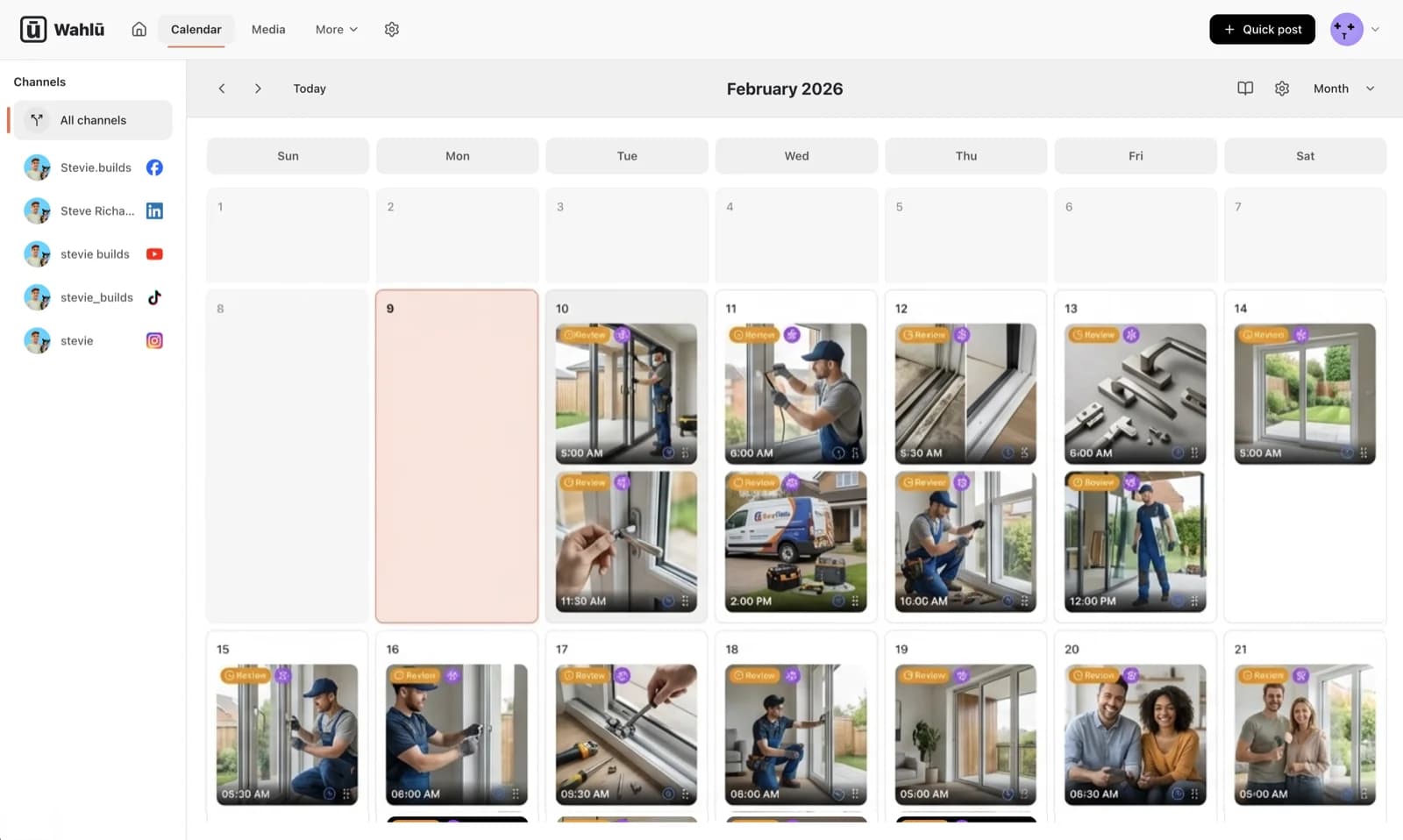 Wahlu calendar view showing scheduled posts across the month