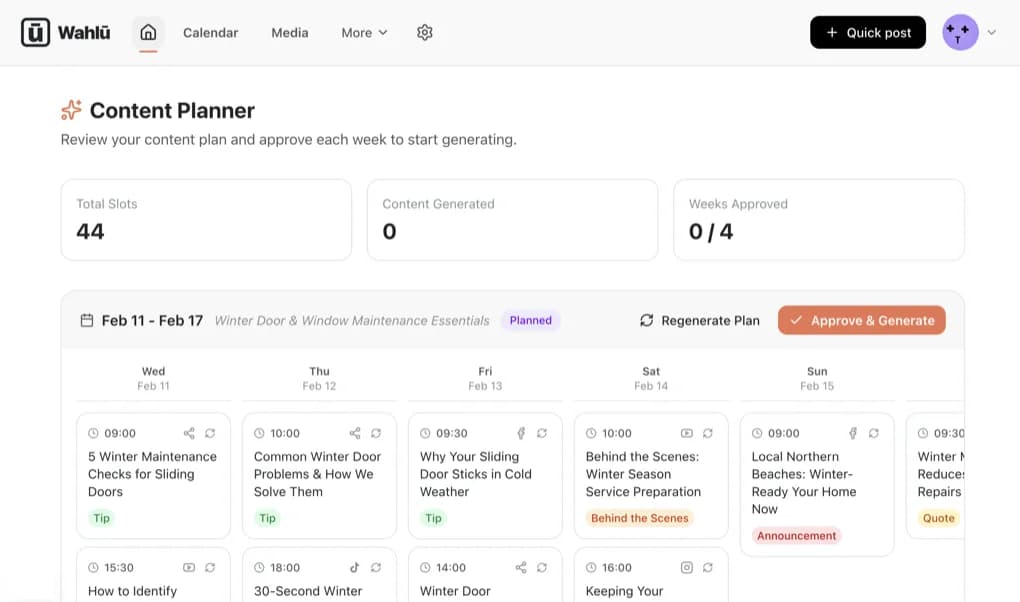 Wahlu Content Planner — AI-generated weekly content plan with topics and scheduling