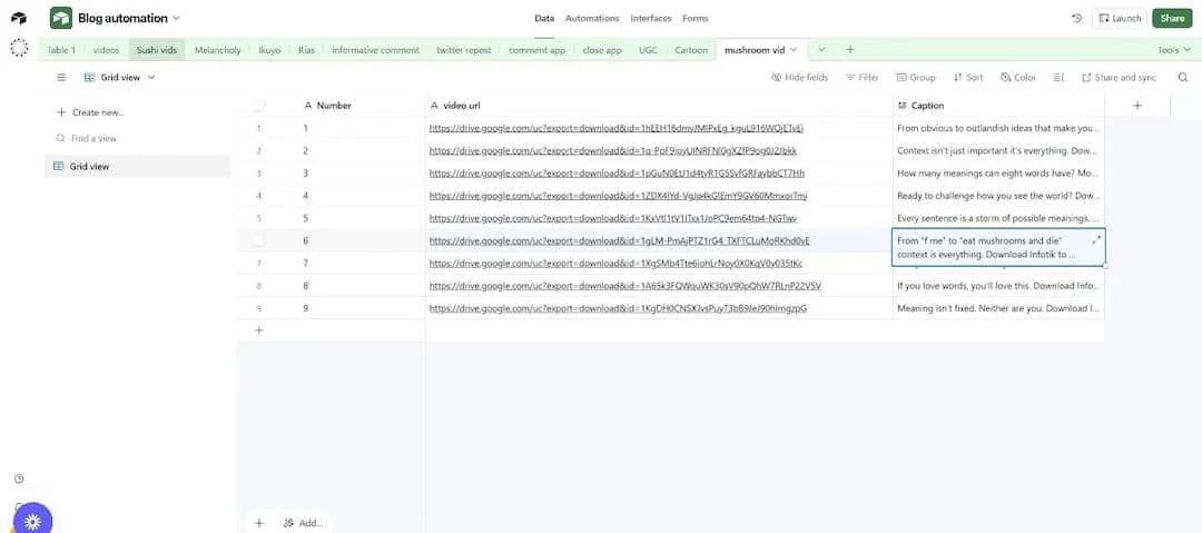 Airtable setup showing numbered rows for video selection