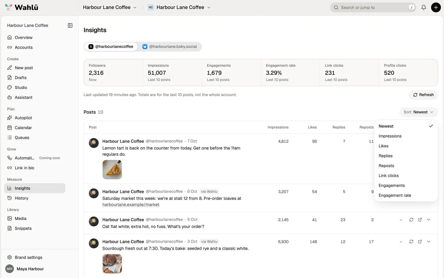 The Sort menu open on Wahlu's X Insights, listing Newest and each number such as Impressions, Likes and Link clicks