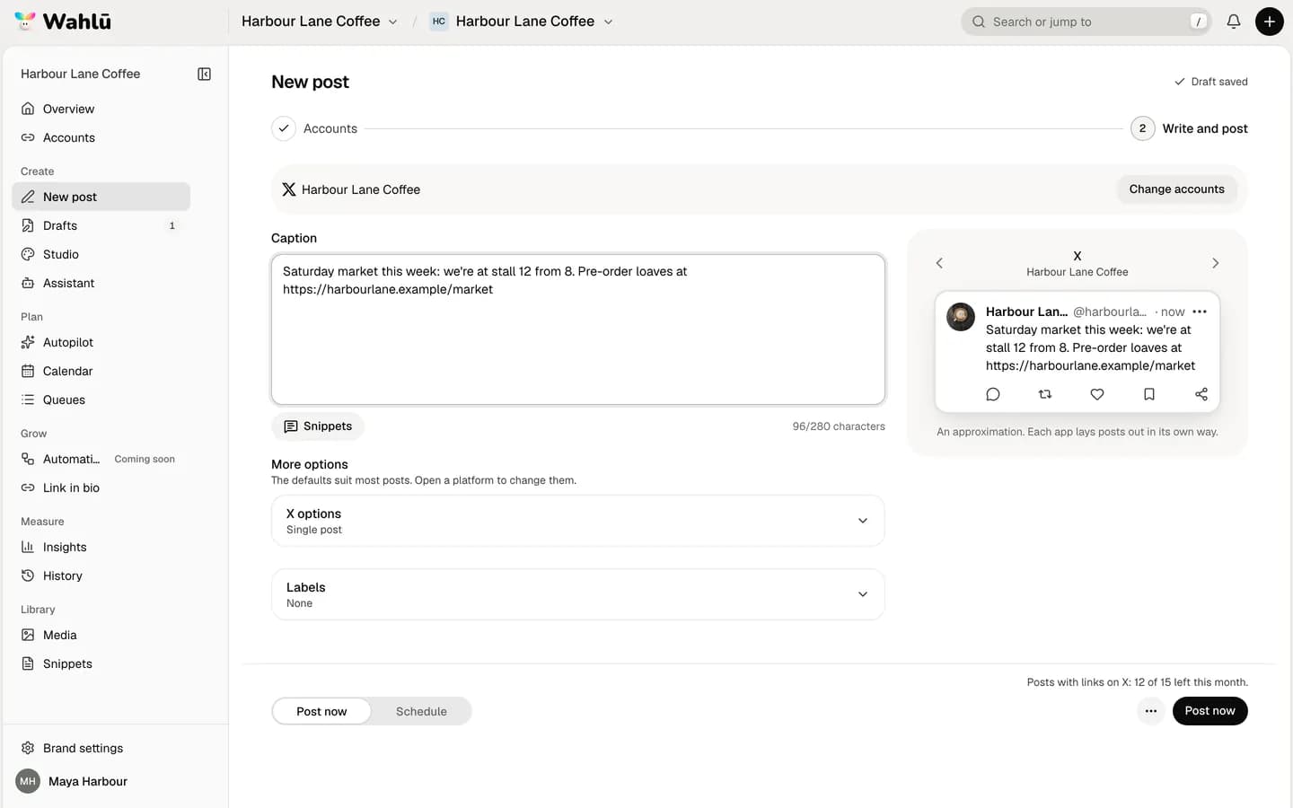Wahlu's post editor with an X post containing a link, and a note saying Posts with links on X: 12 of 15 left this month