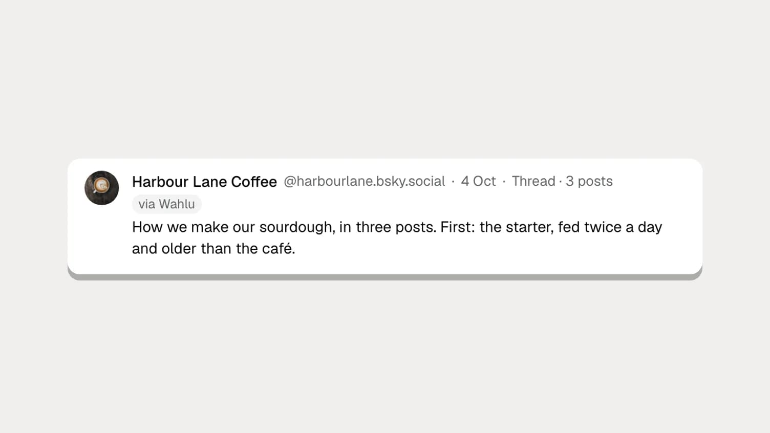 A Bluesky post in Wahlu Insights tagged Thread · 3 posts, for an example café's three-part sourdough post
