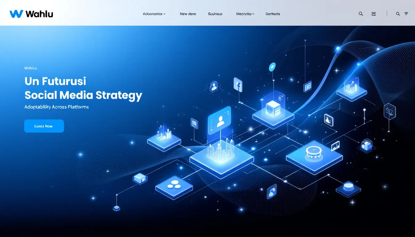 Futuristic social media strategy visualization showing adaptability and growth across multiple platforms