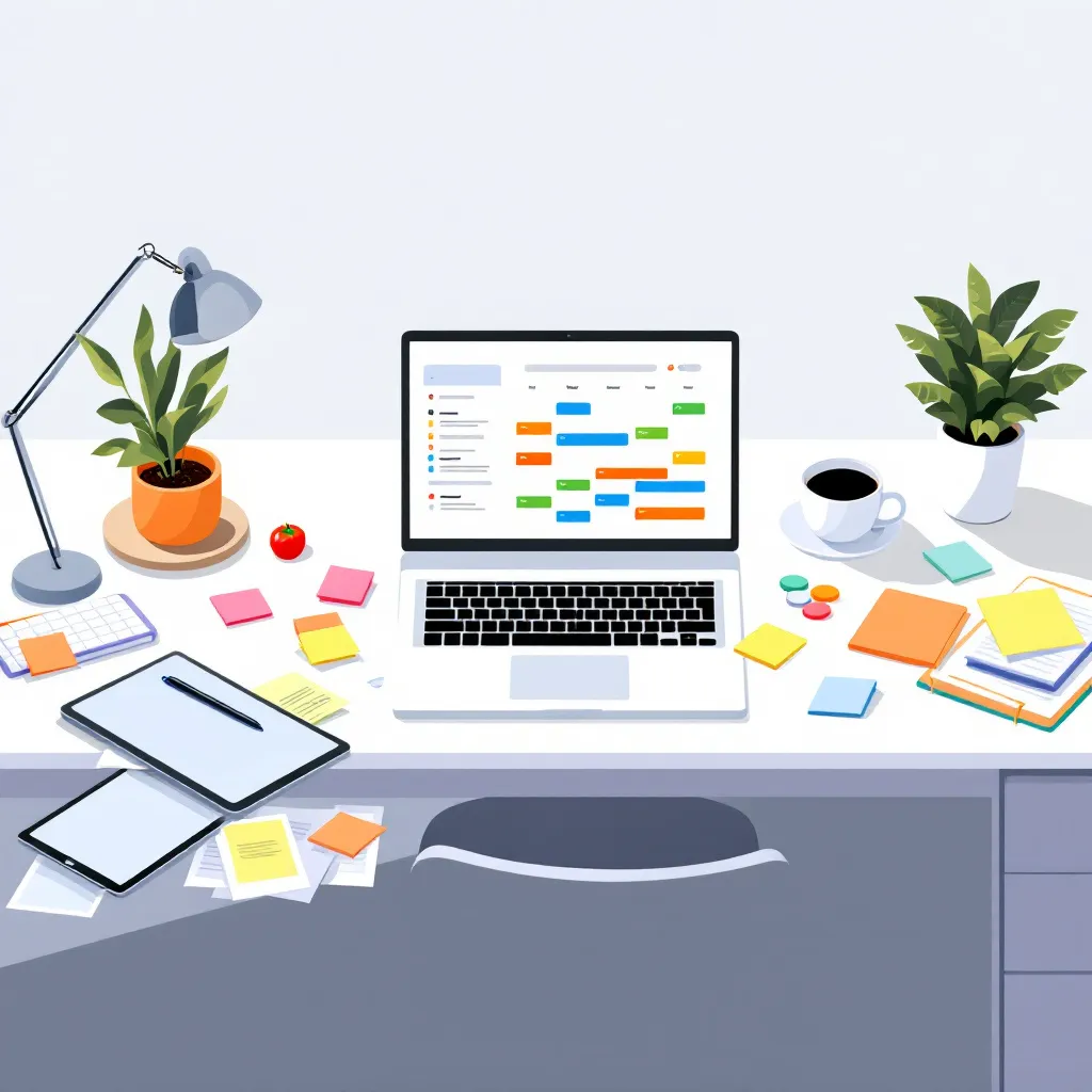 Modern content planning workspace with calendar, sticky notes, and digital tools