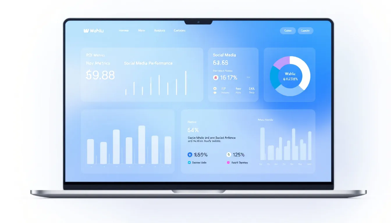 Clean analytics dashboard showing ROI metrics and social media performance data with modern minimalist design