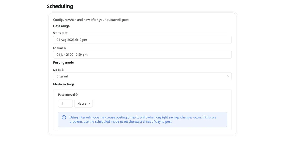 Wahlu scheduling settings showing interval mode with 1 hour posting frequency