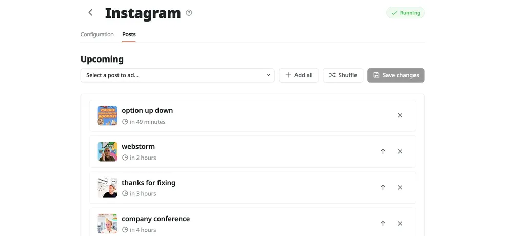 Wahlu Queue posts tab showing upcoming scheduled posts with drag-and-drop reordering