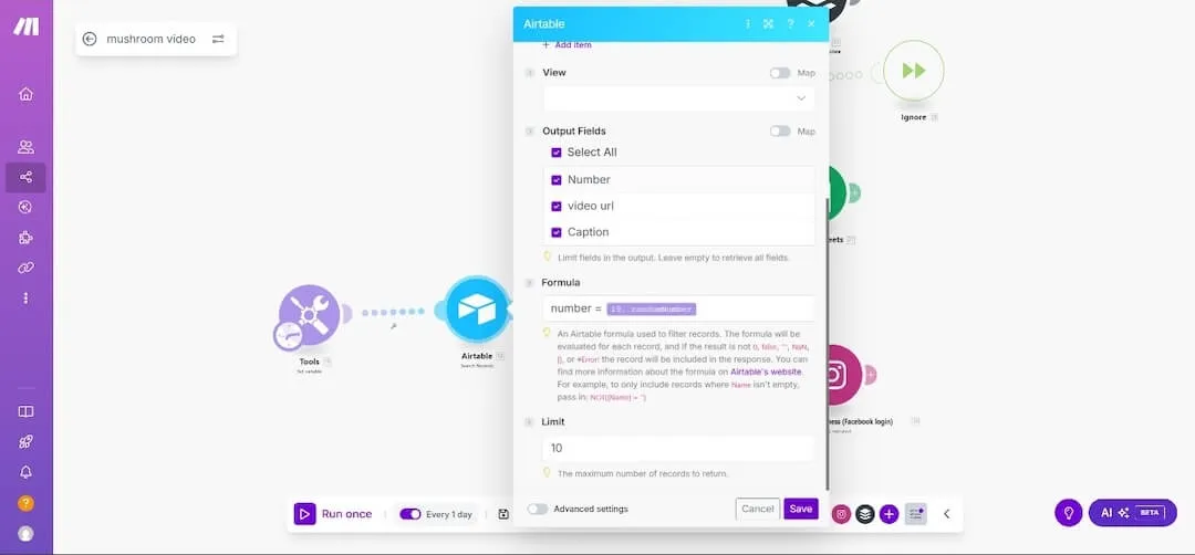 Make.com Airtable search configuration settings