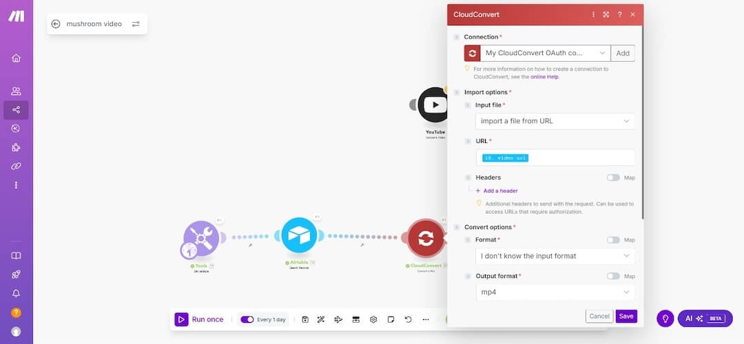 CloudConvert settings for Google Drive link conversion