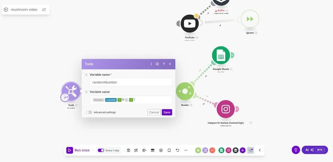 Complex Make.com automation showing random number generator and multiple API connections